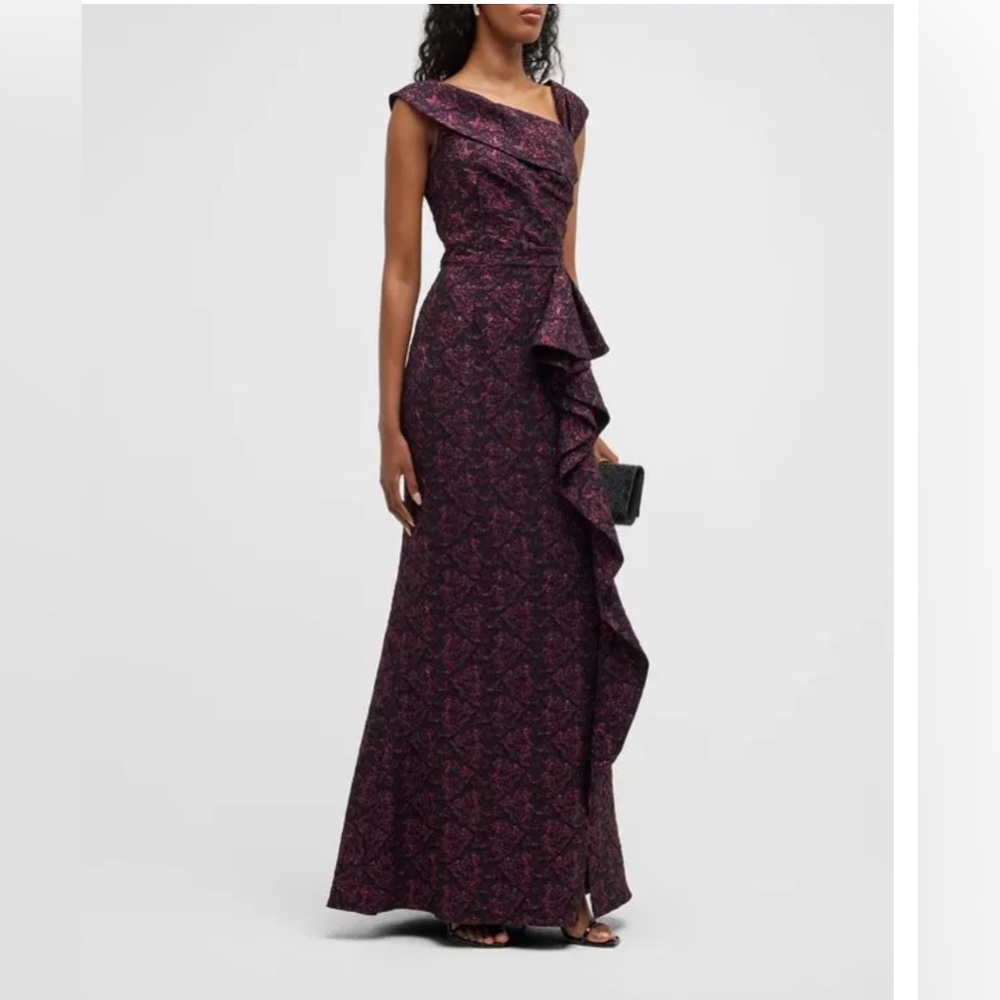 Asymmetric portrait-neck side-ruffle gown in merlot